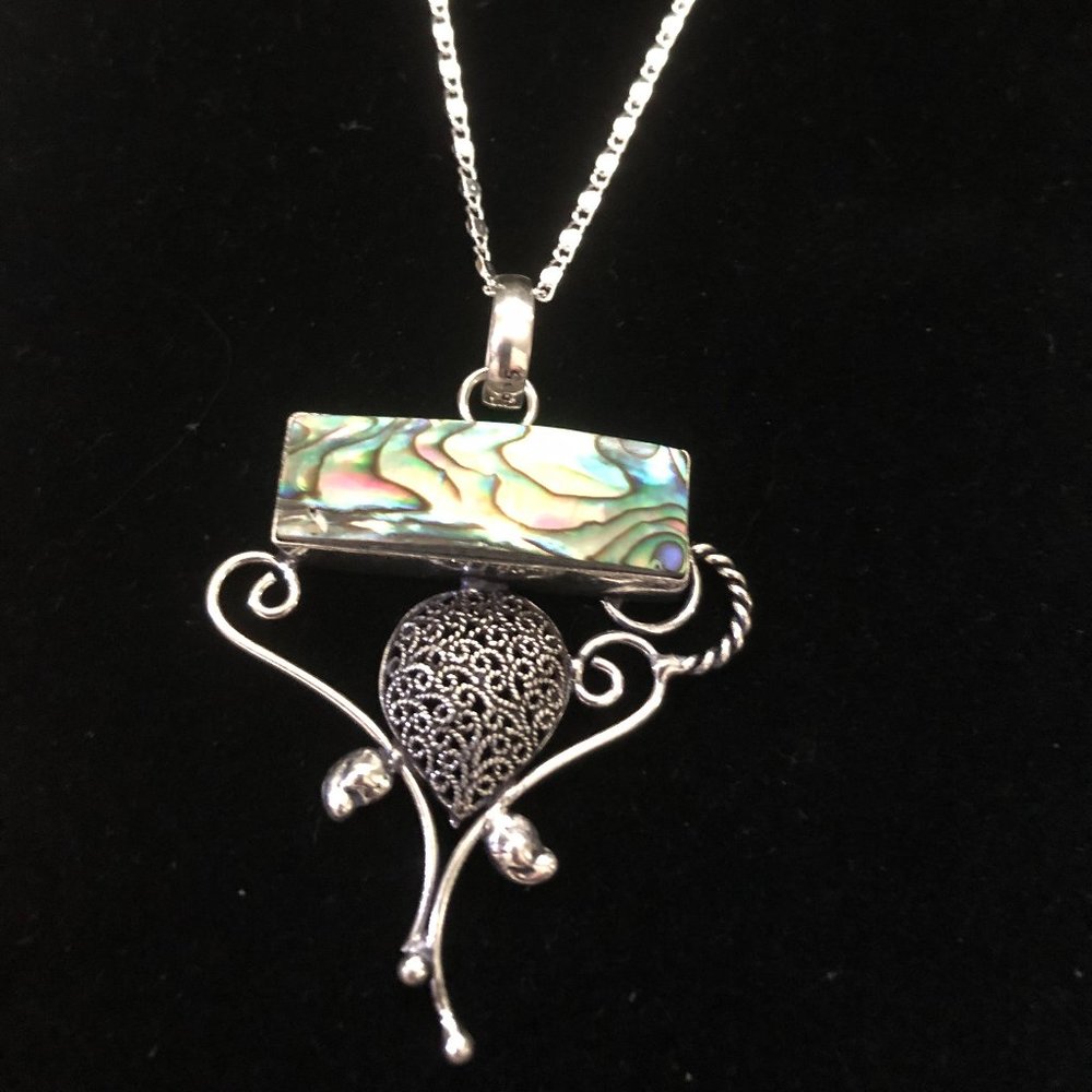 Natural Abalone Shell 925 Silver plated  Necklace Pendant 2.5"